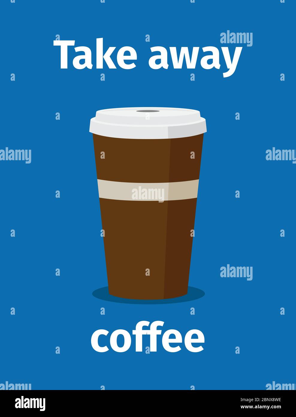 Togliere la desinatura del poster del caffè con il testo su sfondo blu. Illustrazione vettoriale Illustrazione Vettoriale