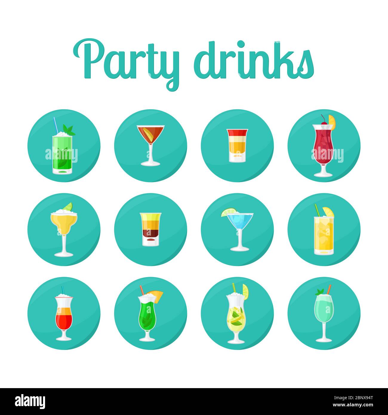 Party drink in icone circolari. Set vettoriale per app, design di gioco Illustrazione Vettoriale