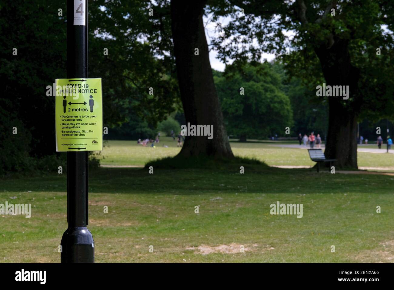 Southampton, Hampshire, Regno Unito. 16 Maggio 2020, avviso pubblico allegato al lampione su Southampton Common, che spiega le leggi sociali del coronavirus distancinging, Southampton, Hampshire, UK Credit: Dawn Fletcher-Park/Alamy Live News Foto Stock