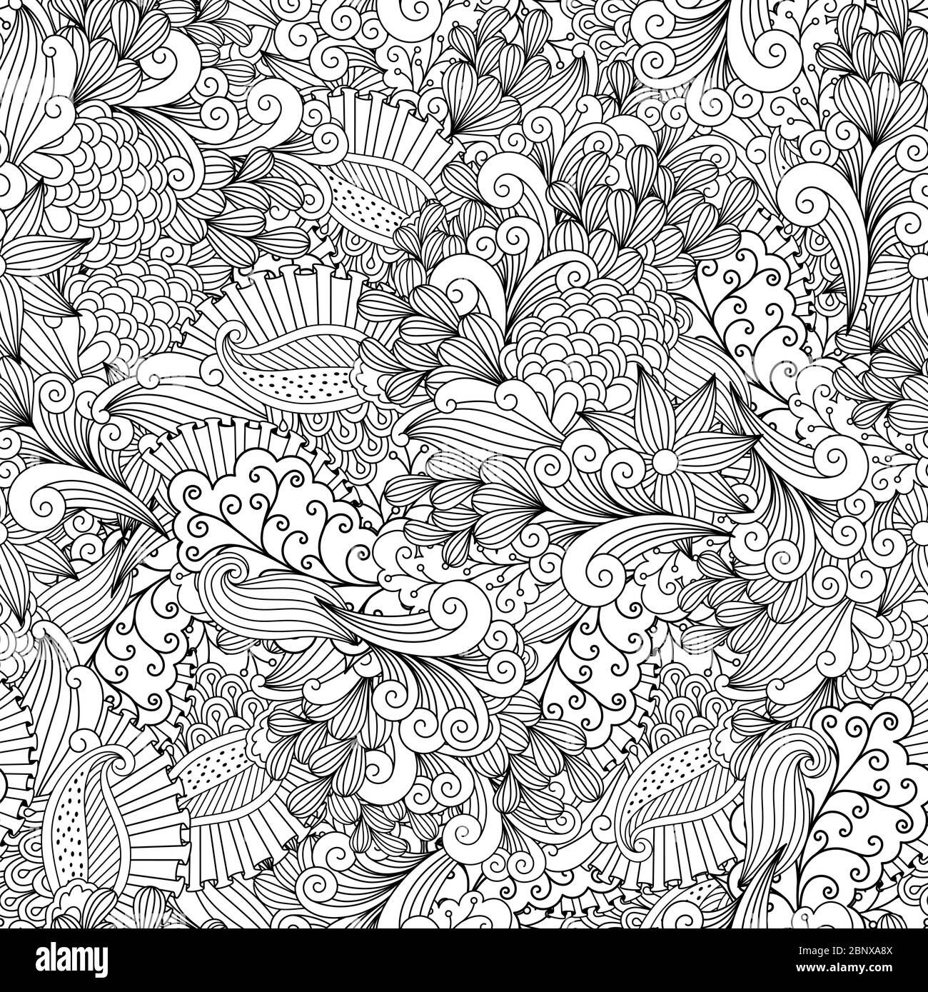 Full Frame splendido sfondo astratto senza giunture pieno di forme a spirale in bianco e nero Illustrazione Vettoriale