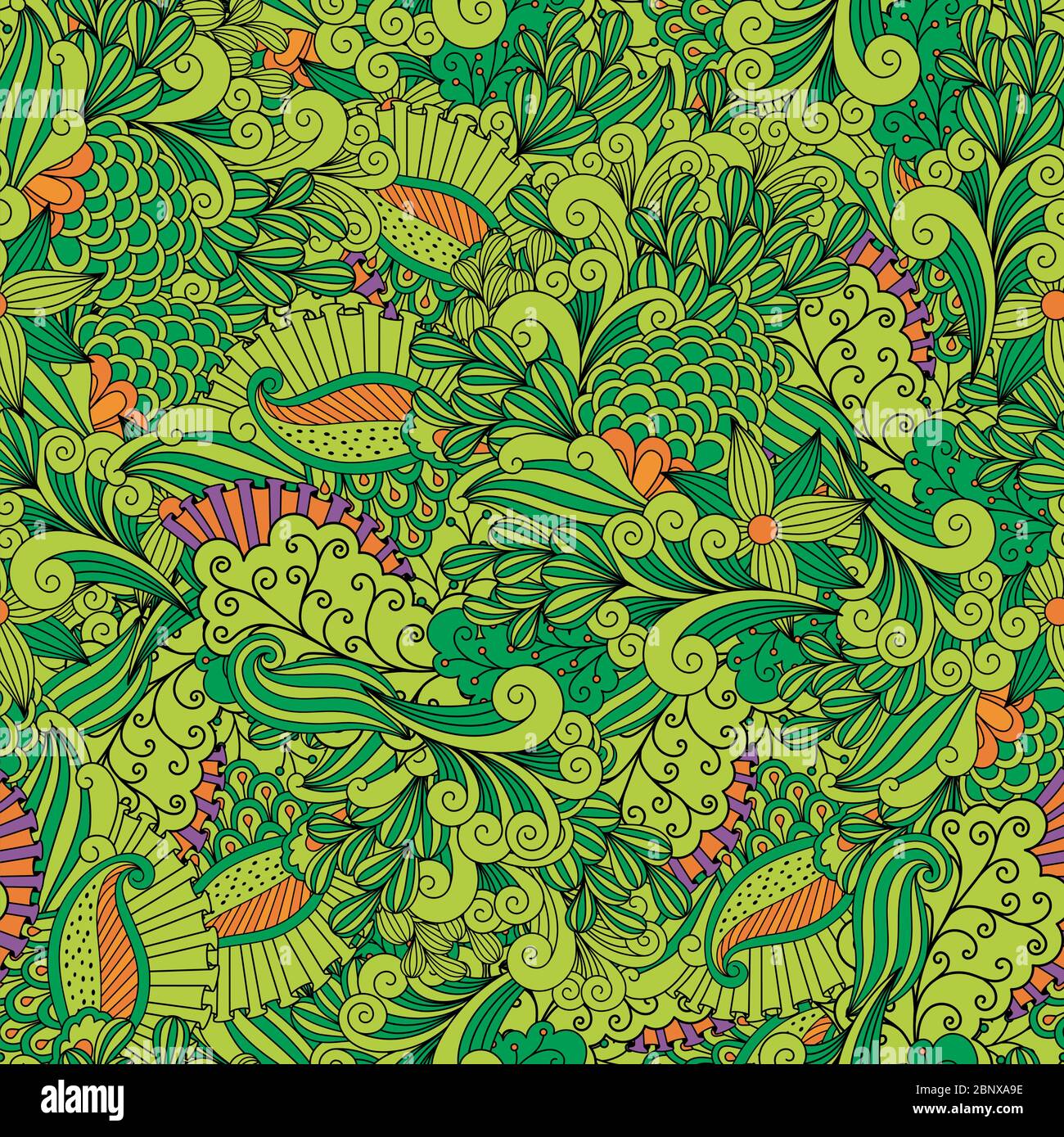 Zen verde come foglie e vorticosa ornamentale modello. Illustrazione vettoriale Illustrazione Vettoriale