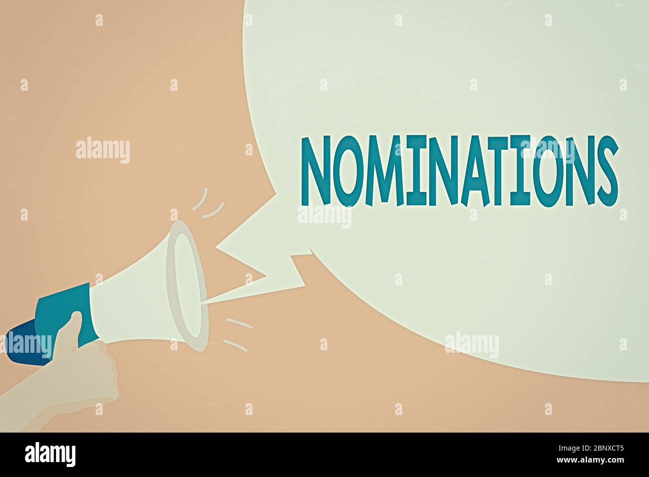 Nomination per testo manoscritto. Azione fotografica concettuale di nomina o stato in corso di nomina per il premio Hu analisi mano che tiene Megaphone con Sound E. Foto Stock