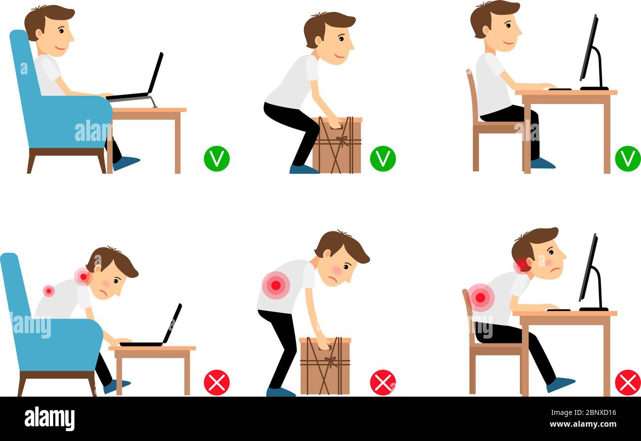 Uomo seduto, lavorando e sollevando cose pesanti corretto e sbagliato posture. Illustrazione vettoriale Illustrazione Vettoriale