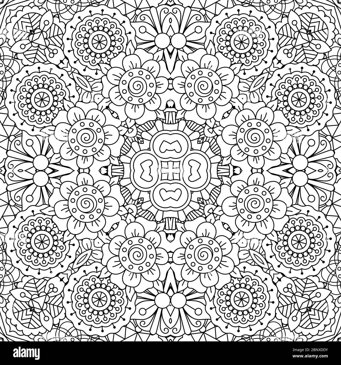 Caleidoscopio full frame sfondo di motivi composti da disegni geometrici su bianco e con elementi floreali Illustrazione Vettoriale