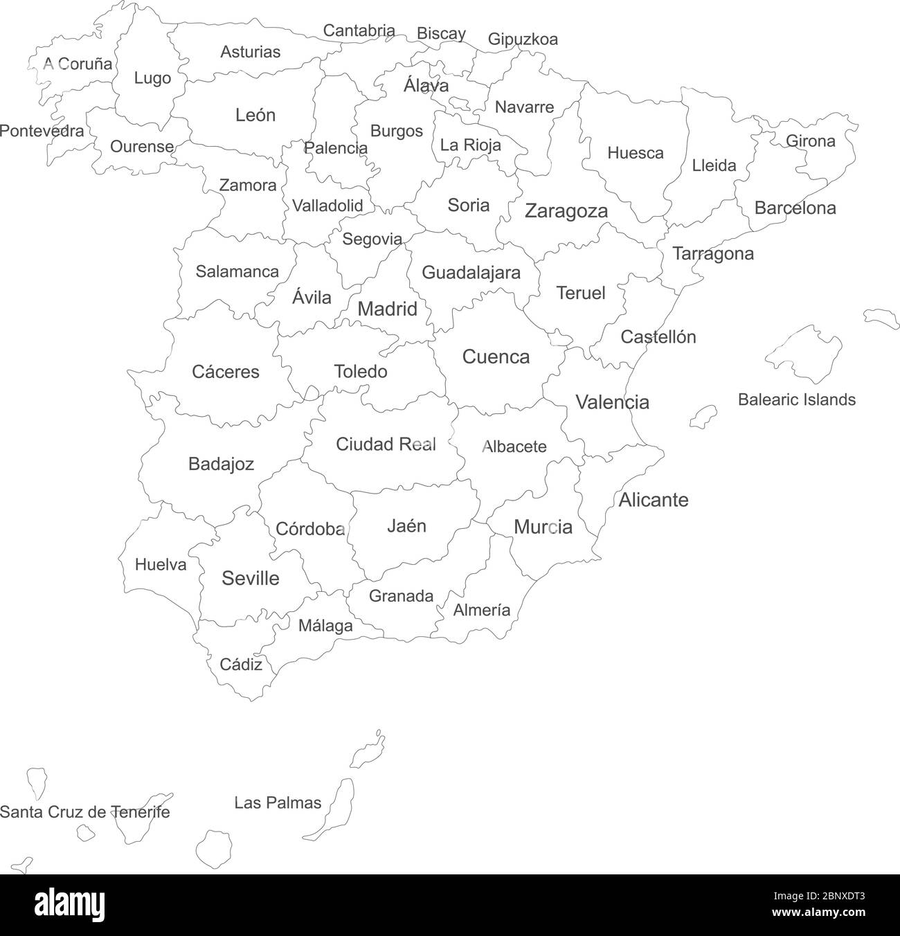 Spagna Mappa dettagliata con etichette. Perfetto per concetti aziendali, sfondi, sfondo, poster, adesivi, banner, etichette e sfondo. Illustrazione Vettoriale