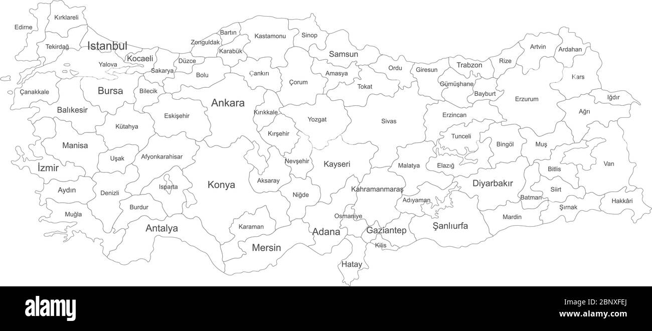 Turchia Mappa dettagliata con etichette per i nomi. Perfetto per sfondi, sfondo, banner, adesivi, etichette, poster e sfondo. Illustrazione Vettoriale