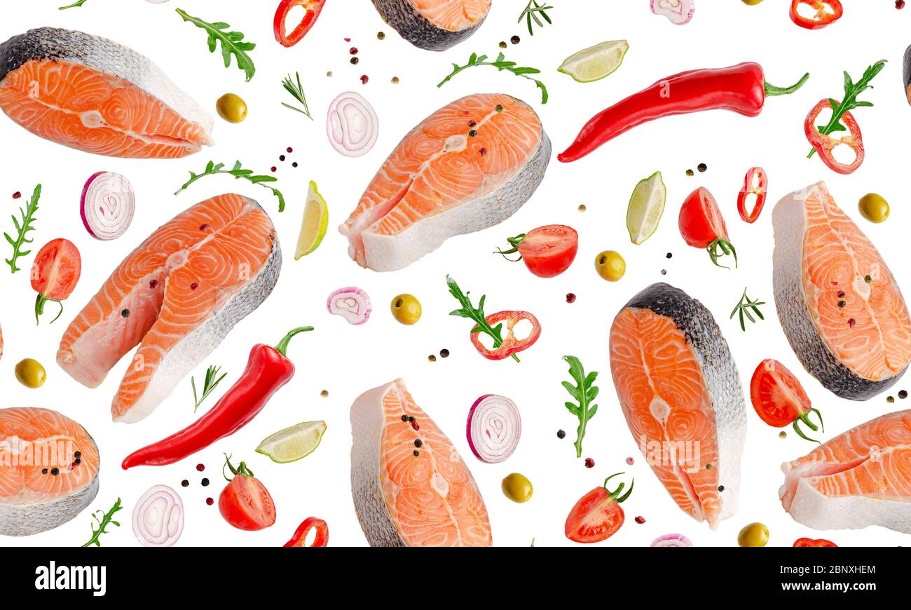 Seamles modello di salmone volante con verdure ed erbe iolated su bianco Foto Stock