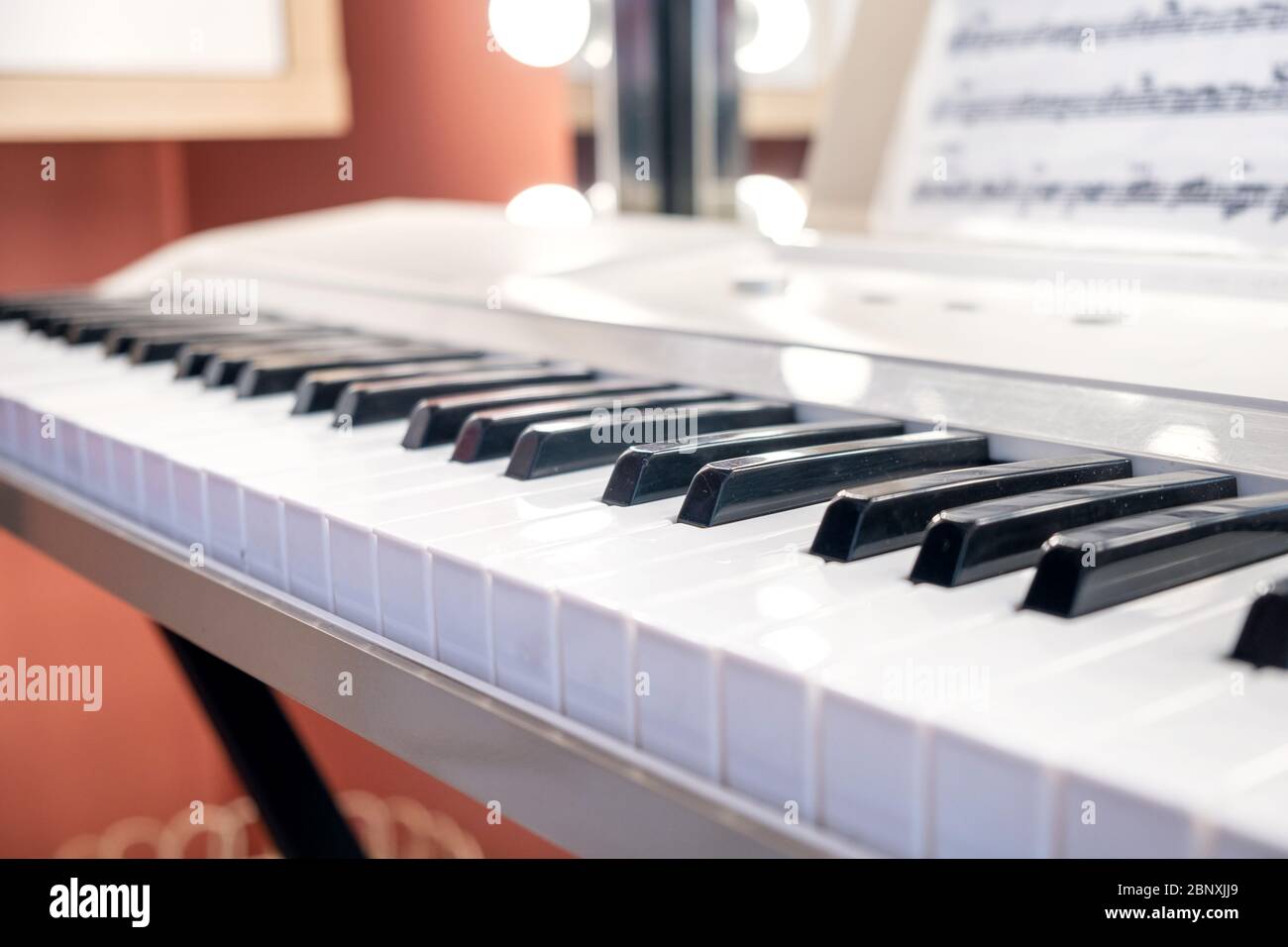 Primo piano tasti bianchi e neri di un sintetizzatore. Il pianoforte. Foto Stock