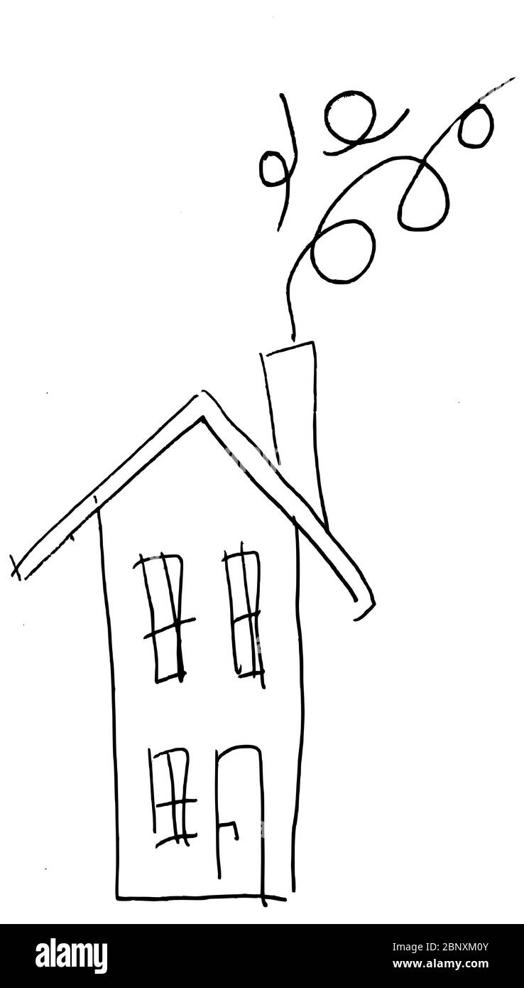 Disegno di linea di stile capretto di una casa con camino e fumo Foto Stock