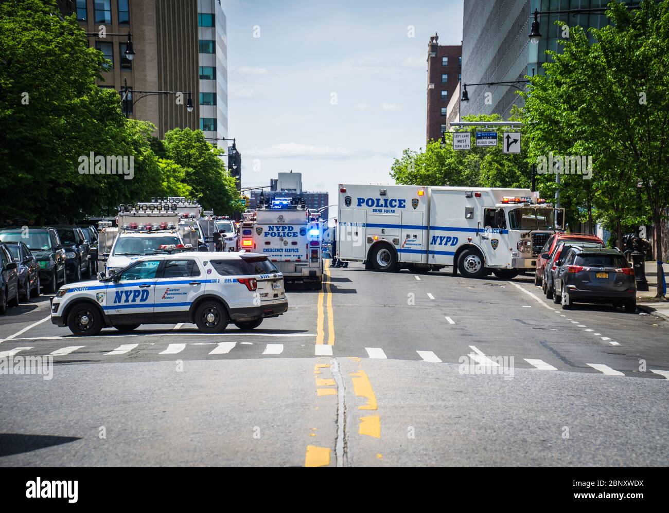Polizia di NYC Bomb Squad indagare su un pacchetto sospetto che potrebbe contenere esplosivi. Foto Stock