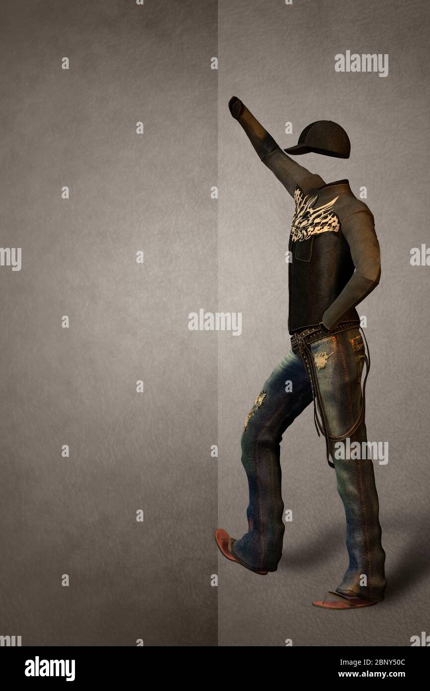 Quando vedi un uomo e si tratta di vestiti su uno sfondo grigio. Risorsa di comunicazione visiva con ellissi nel linguaggio dell'arte Foto Stock