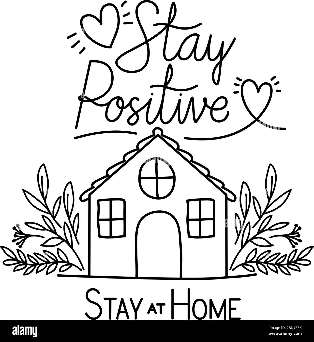 Soggiorno positivo e a casa testo con i cuori della casa e lascia il disegno vettoriale Illustrazione Vettoriale