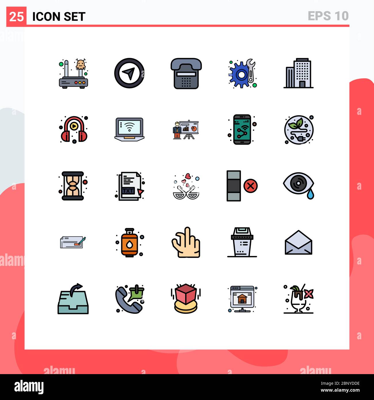 Set di 25 icone moderne dell'interfaccia utente simboli per ufficio, riparazione, chiamata, manutenzione, telefono elementi di progettazione vettoriale modificabili Illustrazione Vettoriale