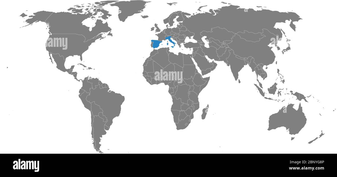 Spagna, italia Paesi evidenziati sulla mappa mondiale. Diplomatici, commerciali, viaggi, relazioni sanitarie. Illustrazione Vettoriale