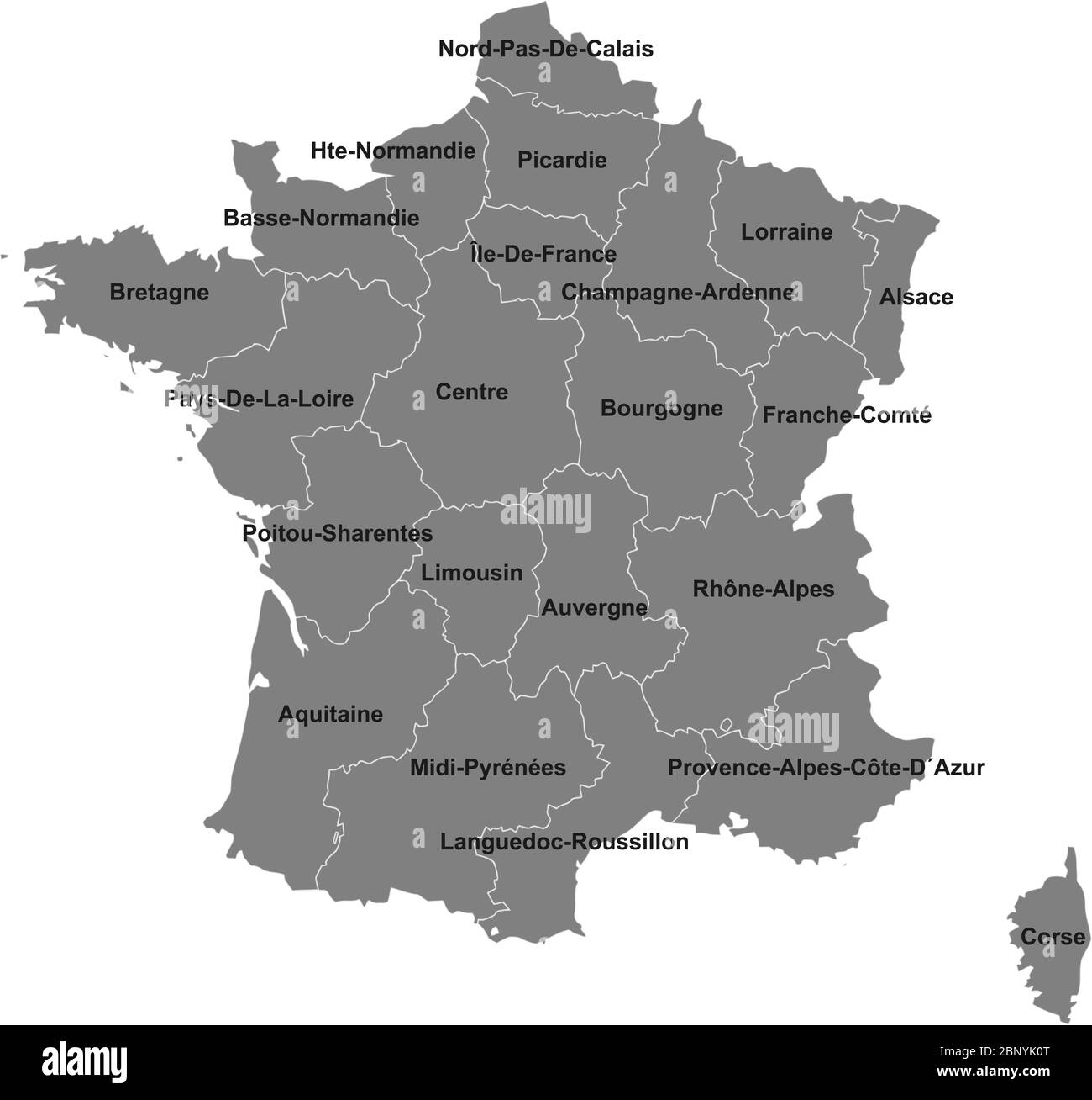 Mappa della regione della Francia con etichette per i nomi. Sfondo grigio. Perfetto per concetti aziendali, sfondi, sfondo, etichetta, adesivo, poster, banner, grafico e Illustrazione Vettoriale