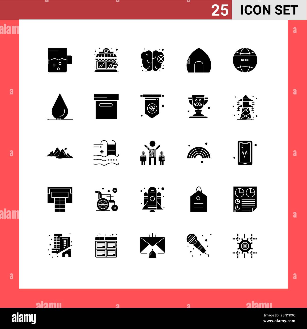 Set di 25 semplici glifi solidi di goccia, notizie globali, mente, comunicazione globale, edificio storico elementi editabili di progettazione vettoriale Illustrazione Vettoriale