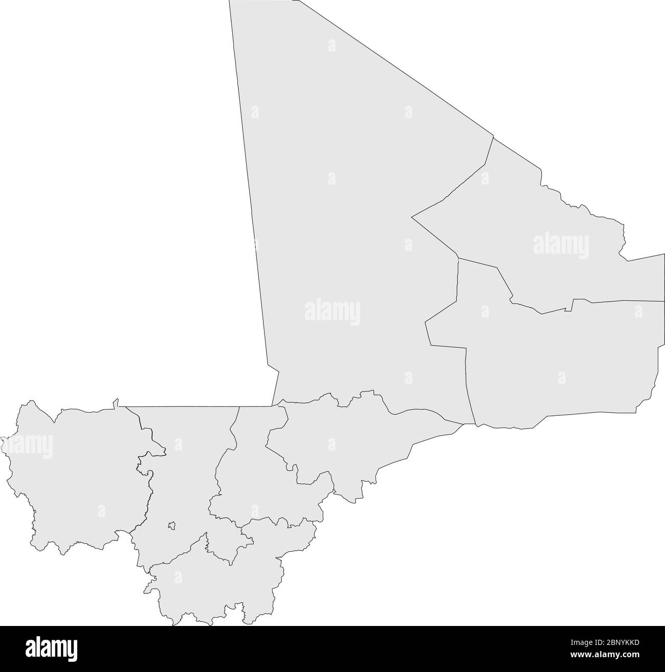 Mappa politica del Mali. Sfondo grigio chiaro. Perfetto per concetti aziendali, sfondi, sfondo, adesivi, etichette, grafici, poster e sfondo. Illustrazione Vettoriale