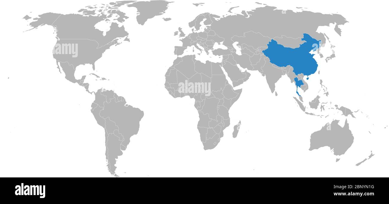 Thailandia, cina Paesi evidenziati sulla mappa mondiale. Sfondo grigio chiaro. Affari, relazioni commerciali bilaterali e viaggi. Illustrazione Vettoriale