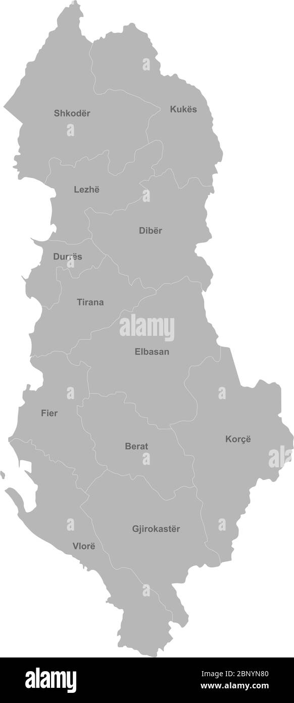Mappa Albania con etichette per i nomi. Sfondo grigio. Perfetto per concetti aziendali, sfondo, sfondi, etichette, adesivi, grafici e sfondi. Illustrazione Vettoriale