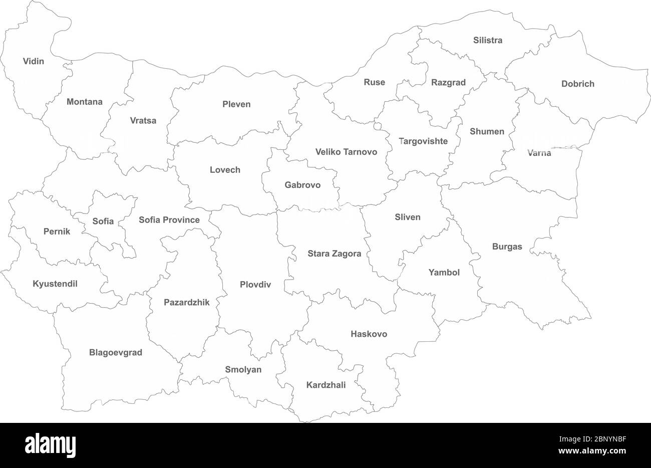 Mappa Bulgaria con etichette per i nomi. Sfondo bianco. Perfetto per concetti aziendali, sfondo, sfondi, adesivi, etichette, grafici, poster e sfondo. Illustrazione Vettoriale
