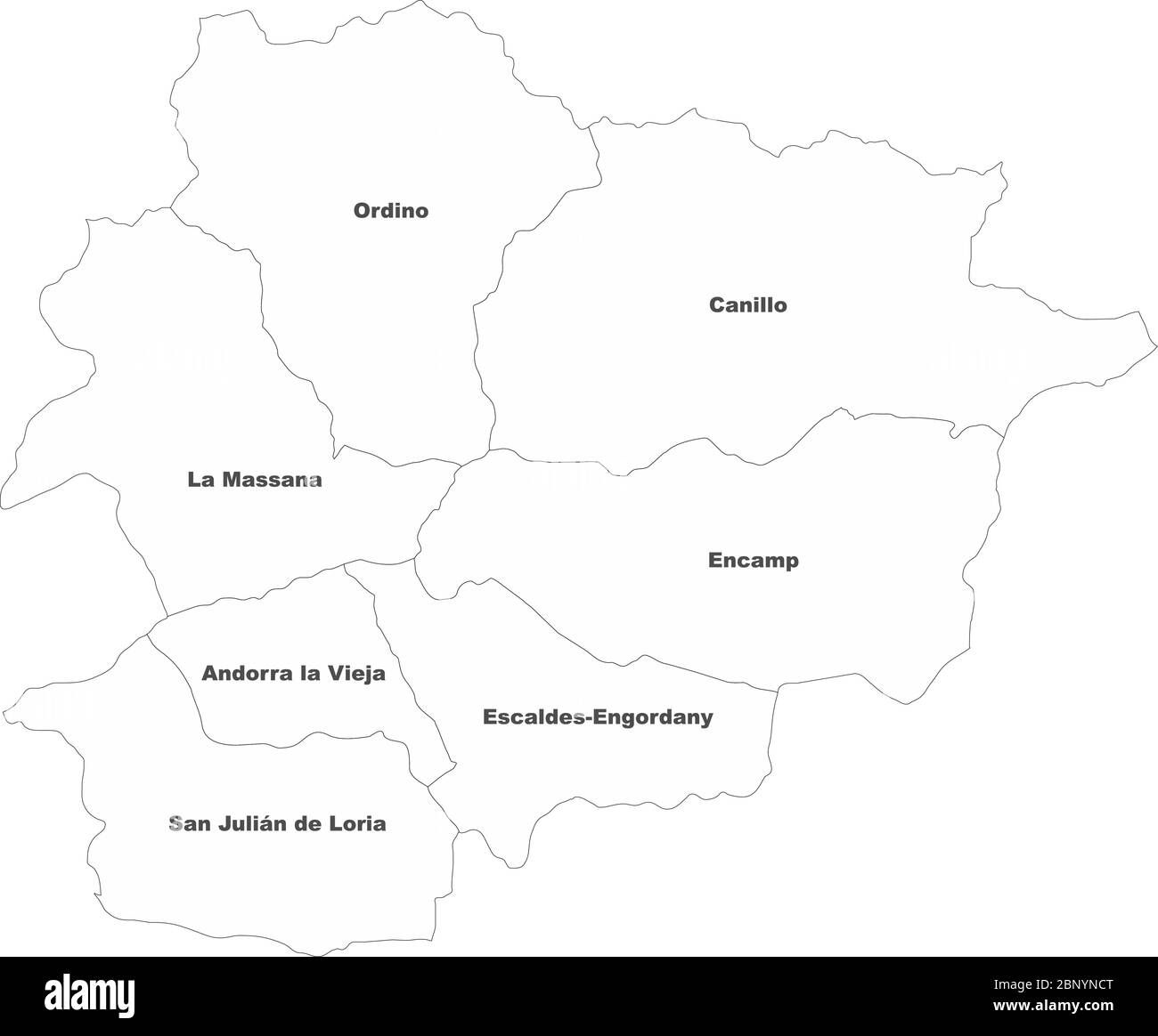 Andorra mappa province con etichette nome. Sfondo bianco. Illustrazione Vettoriale