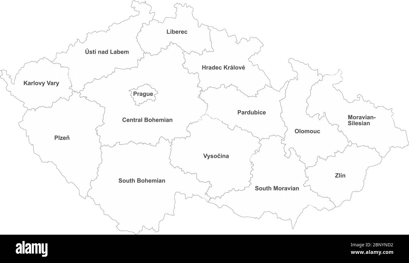 Mappa della Repubblica Ceca con etichette per il nome. Sfondo bianco. Paese europeo. Perfetto per concetti aziendali, sfondo, sfondi, adesivi, etichette, grafici, Illustrazione Vettoriale