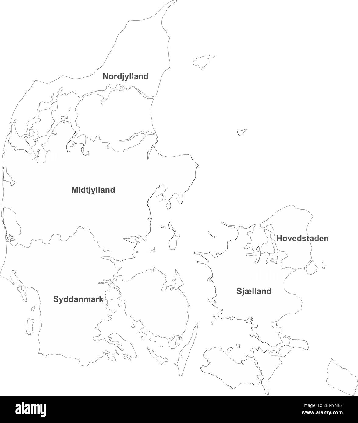 Mappa Danimarca con etichette per i nomi. Sfondo bianco. Perfetto per concetti aziendali, sfondo, sfondi, adesivi, etichette, grafici, poster e sfondo. Illustrazione Vettoriale