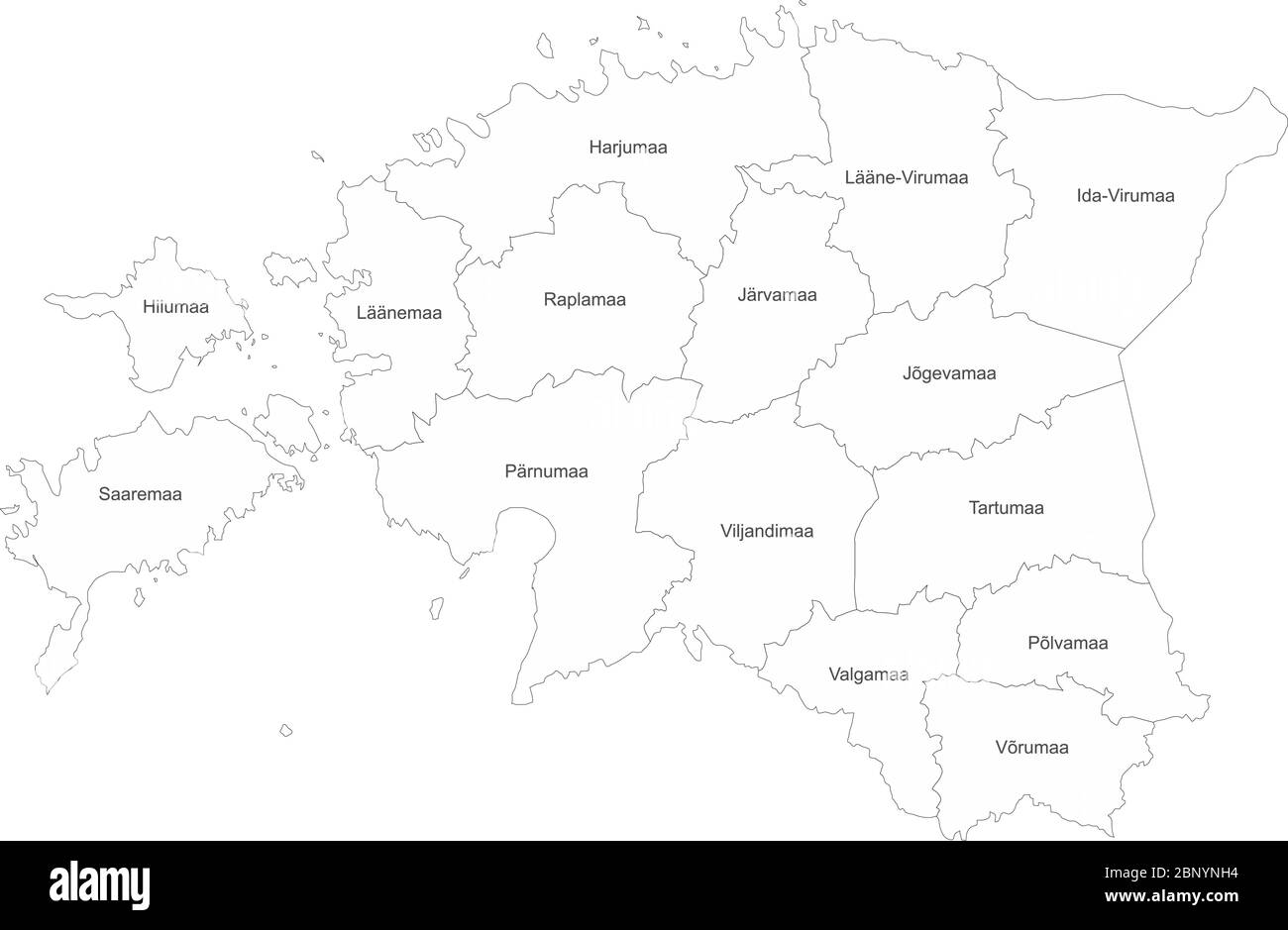 Mappa Estonia con etichette per i nomi. Sfondo bianco. Perfetto per concetti aziendali, sfondo, adesivi, sfondi, etichetta, grafico, poster e sfondo. Illustrazione Vettoriale