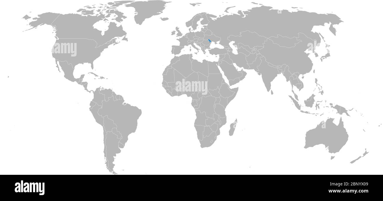 Moldavia mappa posizione sulla mappa del mondo. Sfondo grigio chiaro. Perfetto per concetti aziendali, sfondo, sfondi, adesivi, etichette, poster, cartografia e parete Illustrazione Vettoriale