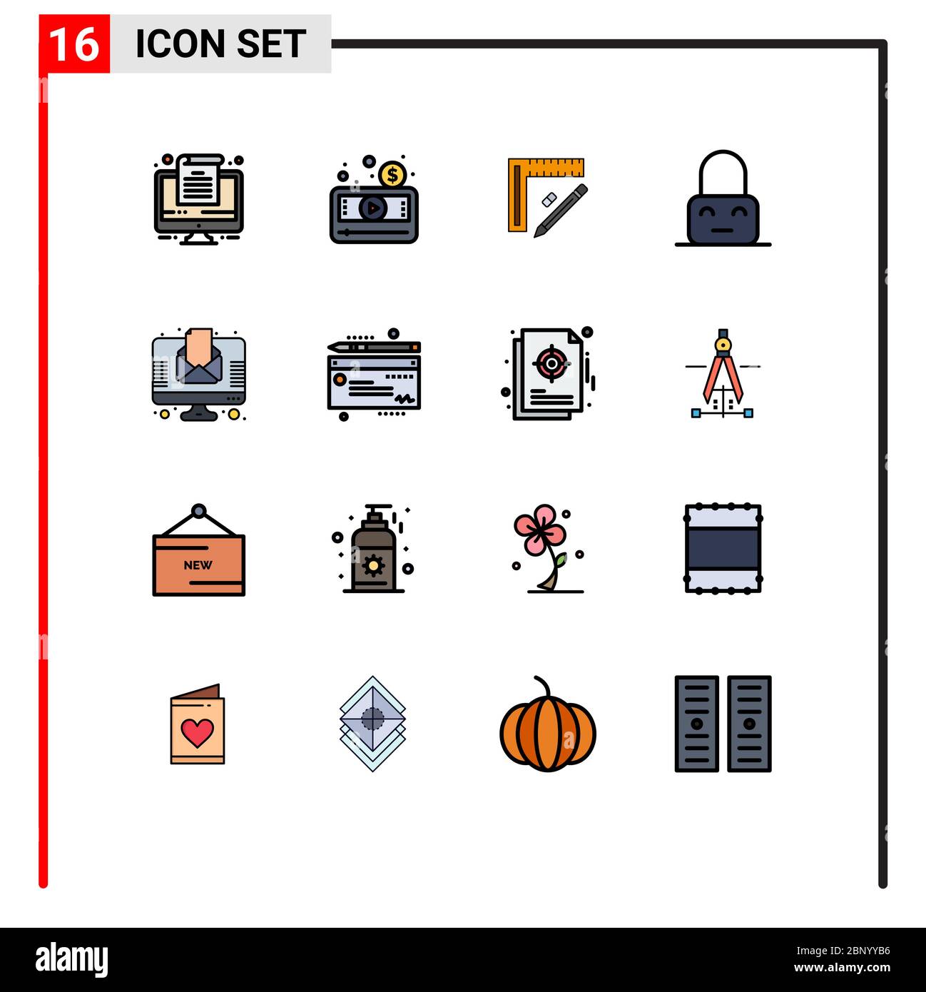 Set di 16 icone moderne dell'interfaccia utente simboli per lettere, ON, righello, blocco, design elementi di disegno editabili Creative Vector Illustrazione Vettoriale