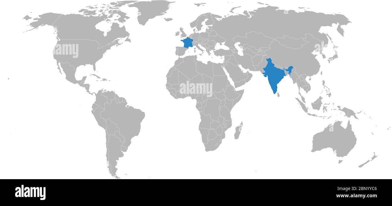 Francia, india Paesi evidenziati sulla mappa mondiale. Sfondo grigio chiaro. Relazioni commerciali, d'investimento, culturali, d'istruzione e di trasporto. Illustrazione Vettoriale