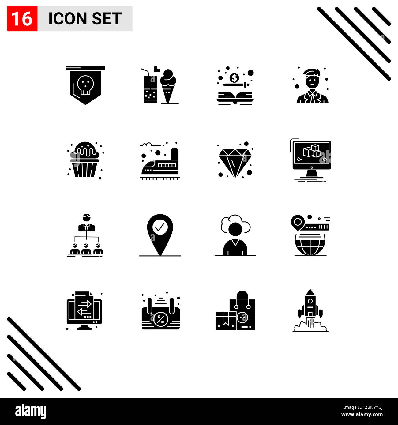 Confezione icone vettoriali di 16 simboli e segni per cupcake, sito, cono, uomo, denaro elementi di disegno vettoriale editabili Illustrazione Vettoriale