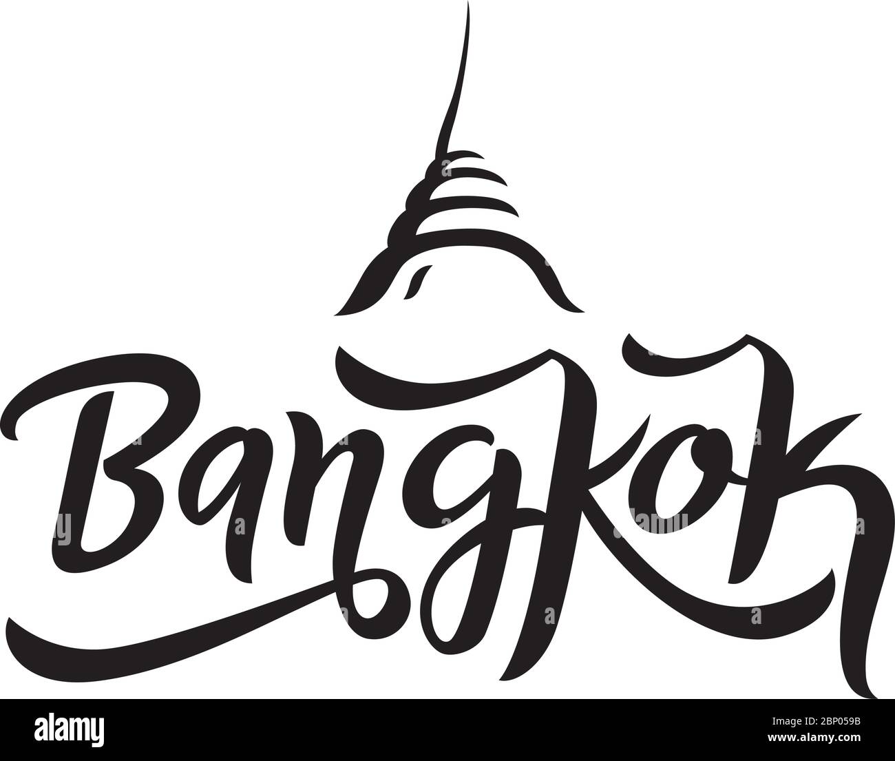 Bangkok città tipografia in calligrafia pennello stile con simbolo di tempio. Per la Thailandia concept design. Illustrazione Vettoriale