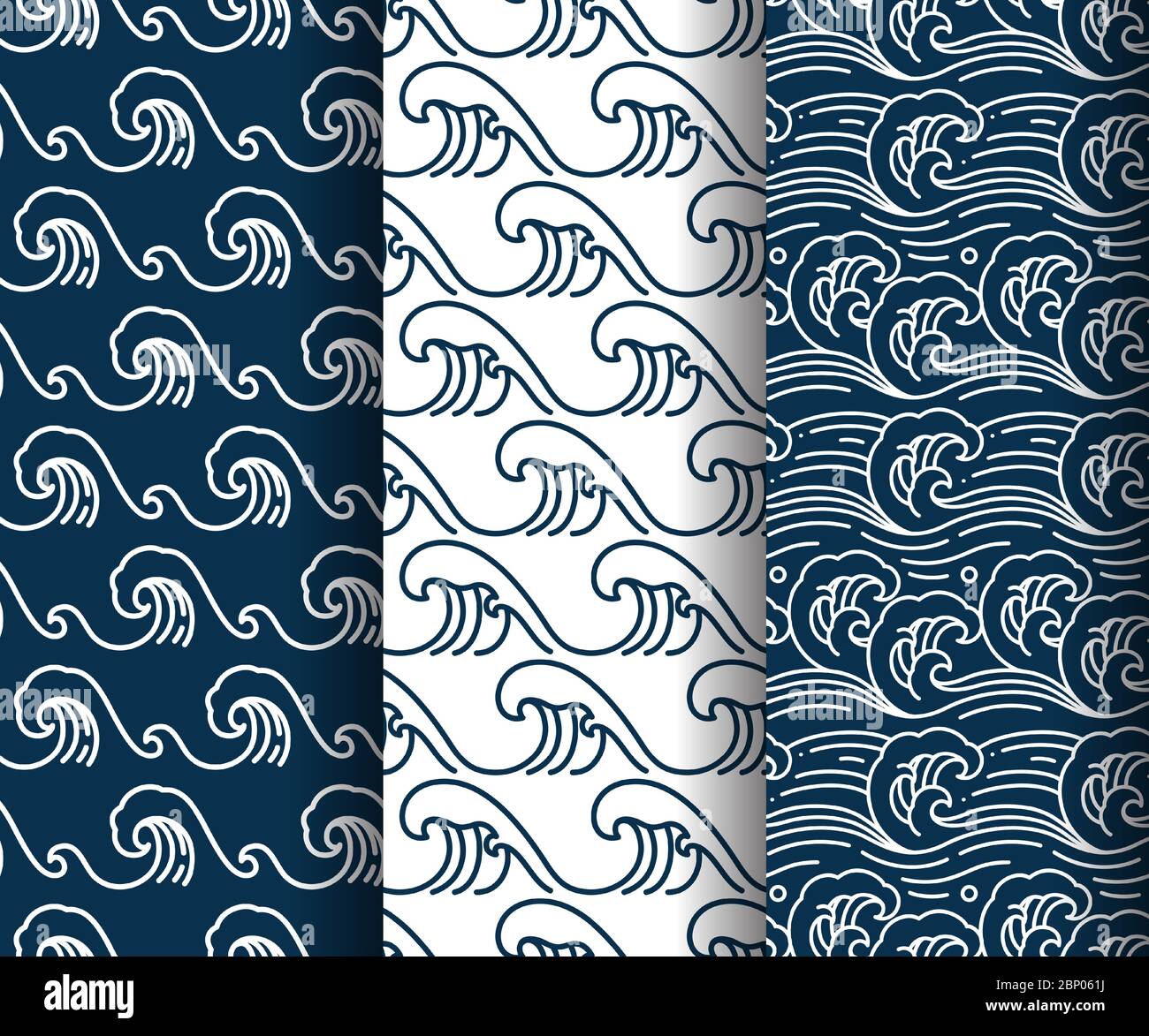 Insieme di pattern senza giunture vettoriali per onde marine. Illustrazione Vettoriale