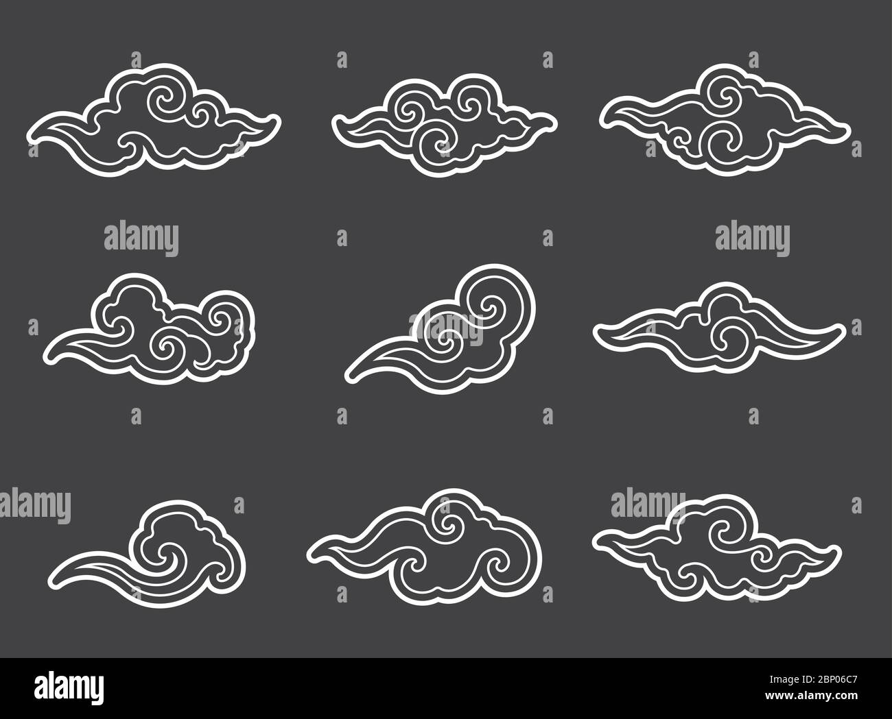 Tratto di contorno bianco su sfondo grigio scuro.objects isolated.Good per cinese, giapponese, thailandese artworks concetto in qualsiasi illustrazione, logo, pacchetto, illustrato. Illustrazione Vettoriale