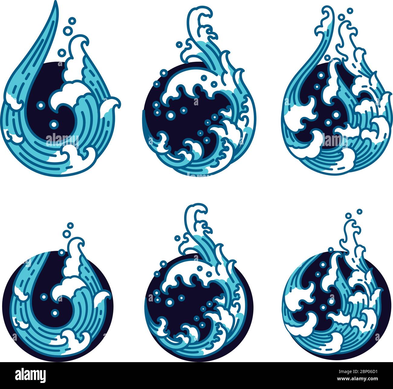 Onda d'acqua orientale in forma di luna e di eclissi. Design a corsa a linea singola. Illustrazione Vettoriale