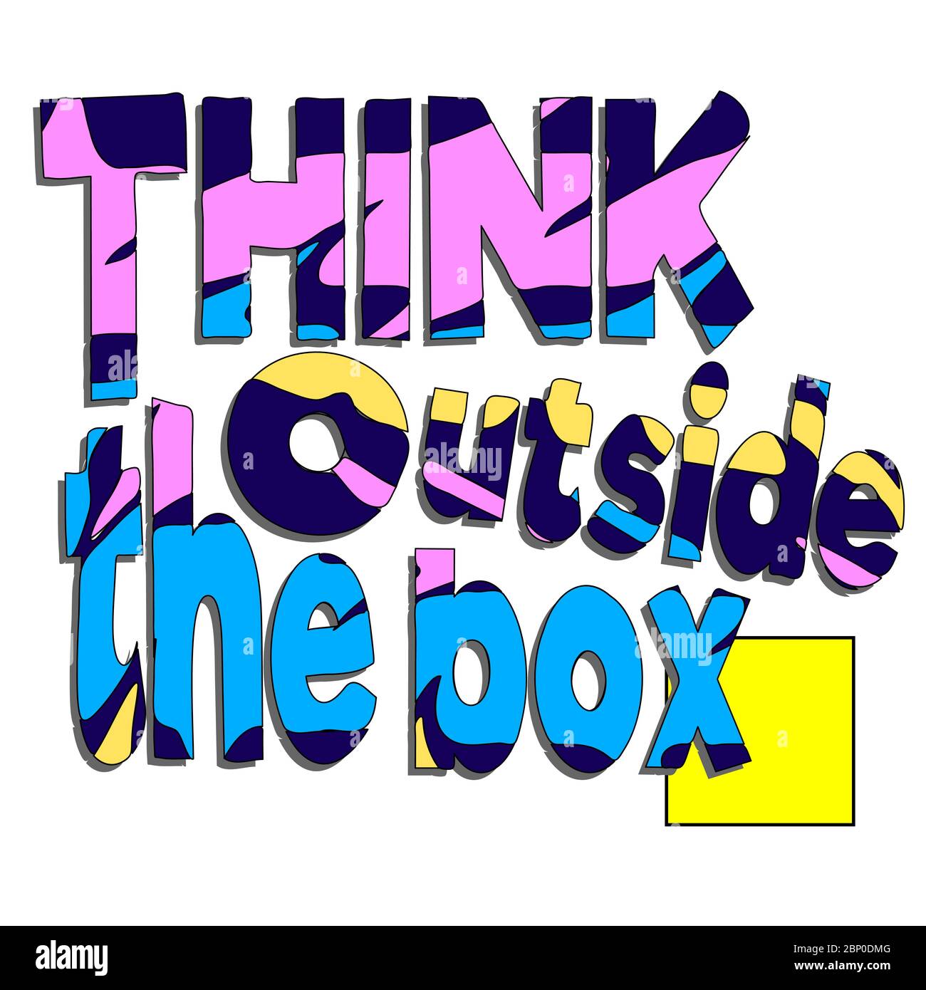 Pensate fuori dalla scatola. Citazione scritta. Elemento tipografico di disegno grafico di ispirazione Calligraphy. Cartolina a contrasto. Segno vettoriale multicolore. Illustrazione Vettoriale