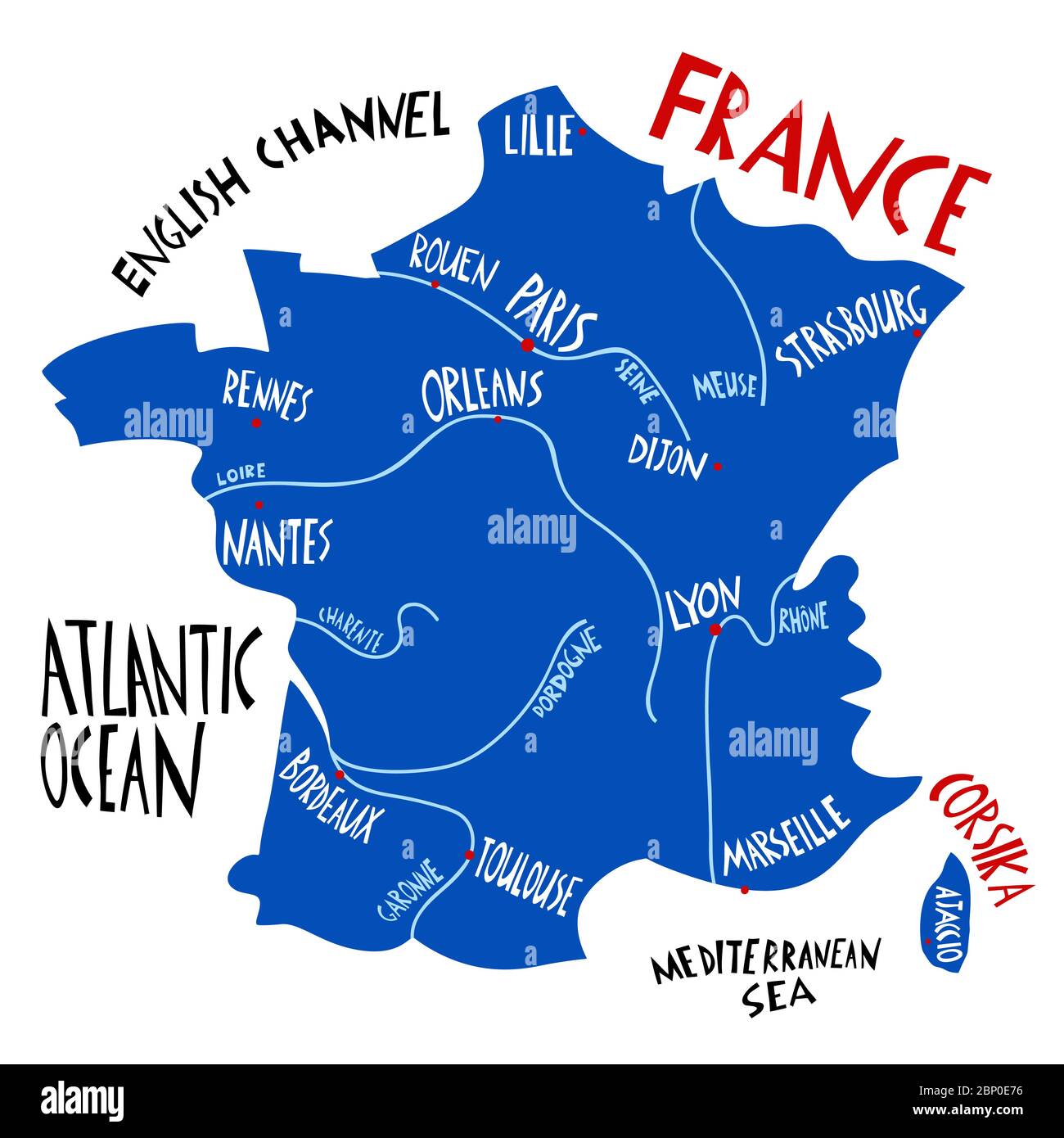 Mappa stilizzata della Francia disegnata a mano da un vettore. Illustrazione del viaggio con i nomi delle città francesi. Illustrazioni scritte disegnate a mano. Elemento mappa Europa Illustrazione Vettoriale