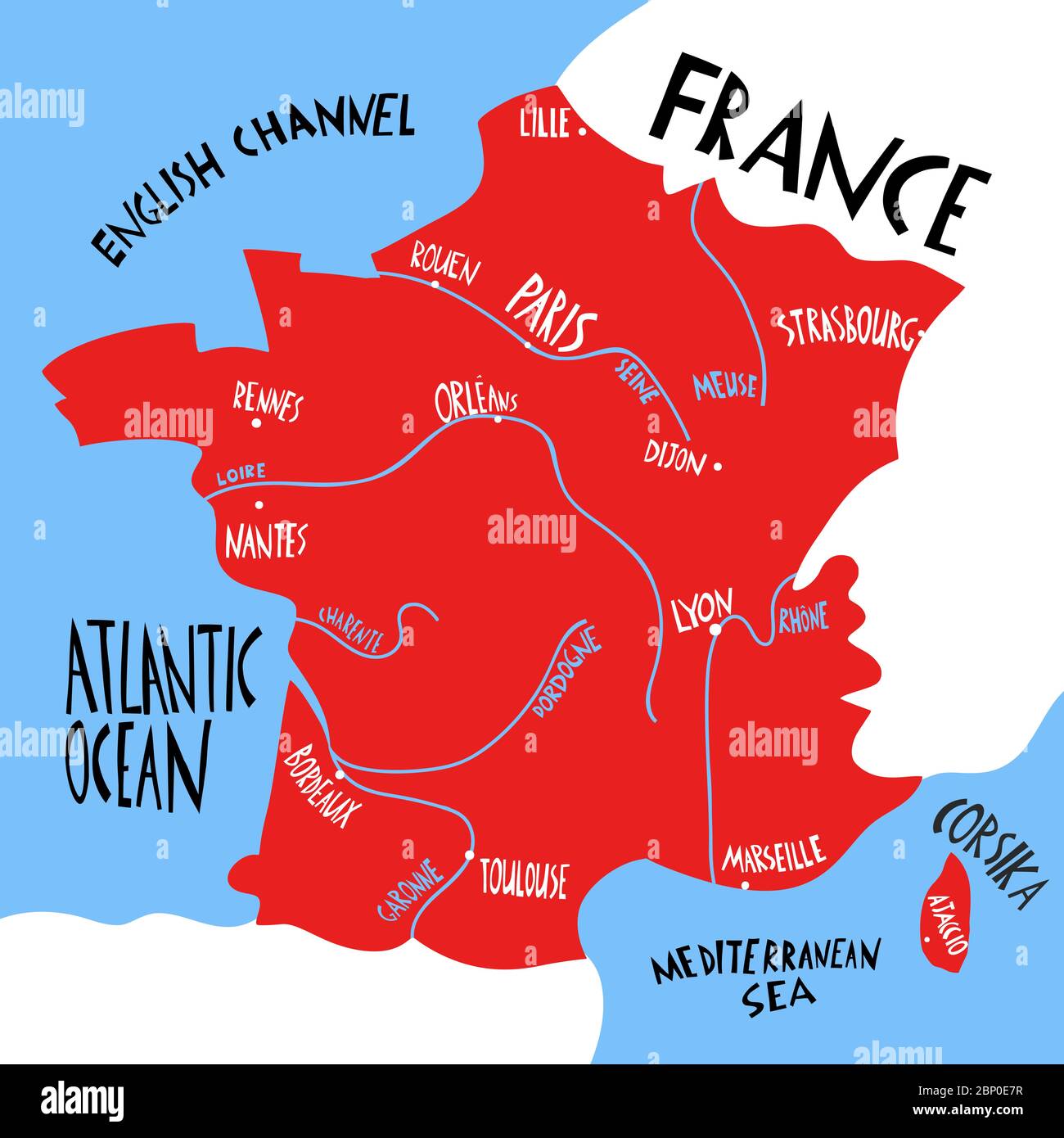 Mappa stilizzata della Francia disegnata a mano da un vettore. Illustrazione del viaggio con i nomi delle città francesi. Illustrazioni scritte disegnate a mano. Elemento mappa Europa Illustrazione Vettoriale