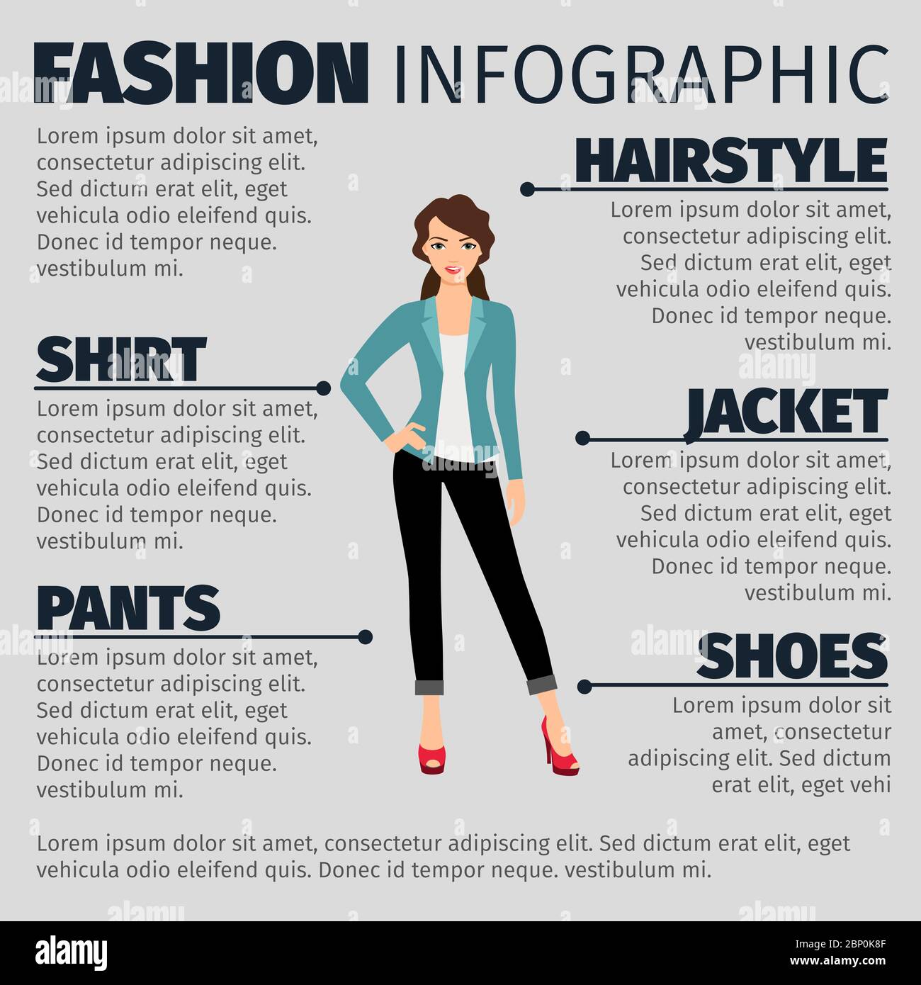 Infografica di moda con la ragazza giovane in un vestito di affari. Illustrazione vettoriale Illustrazione Vettoriale