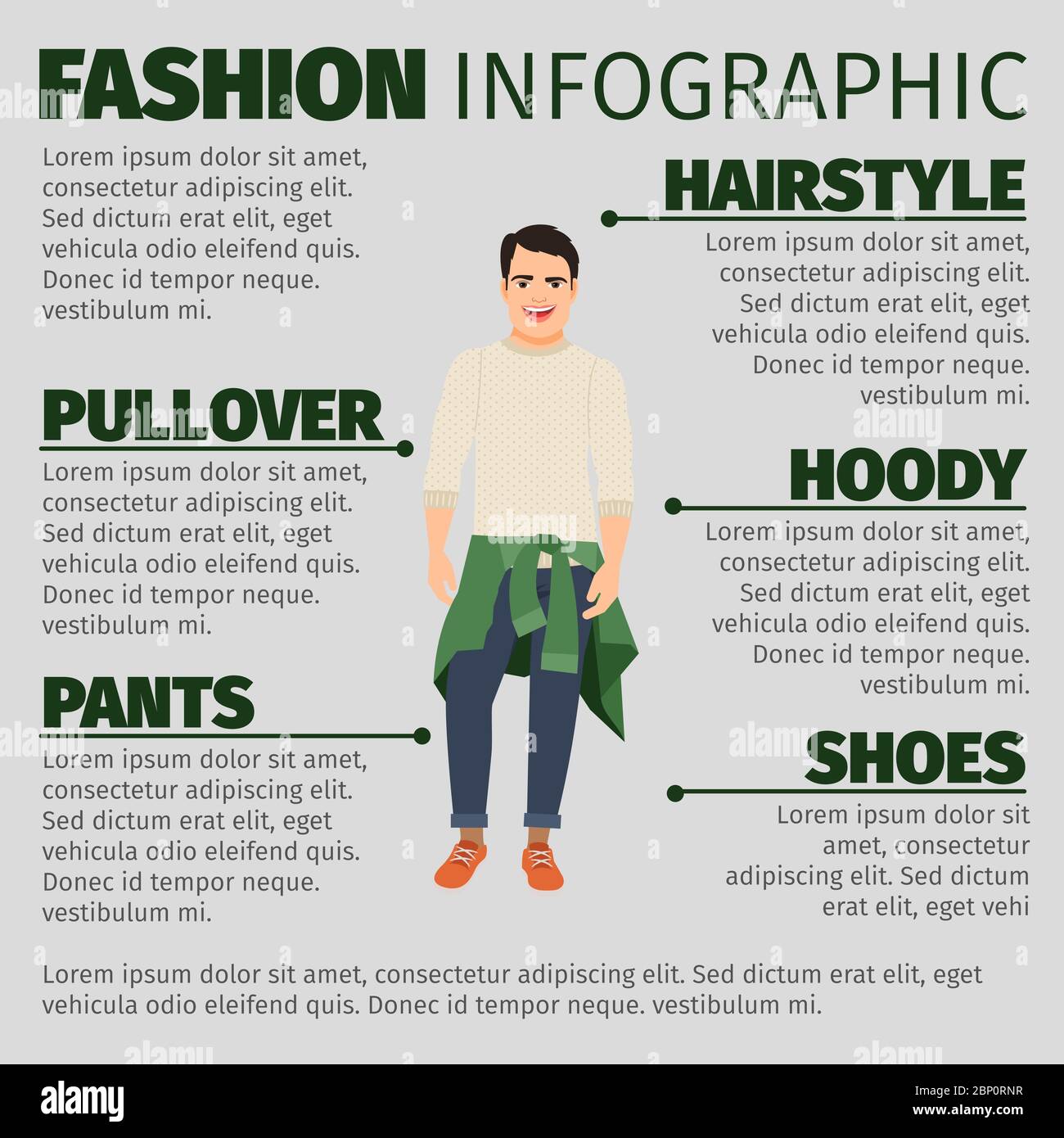 Infografica di moda con il ragazzo nel maglione legato alla vita. Illustrazione vettoriale Illustrazione Vettoriale