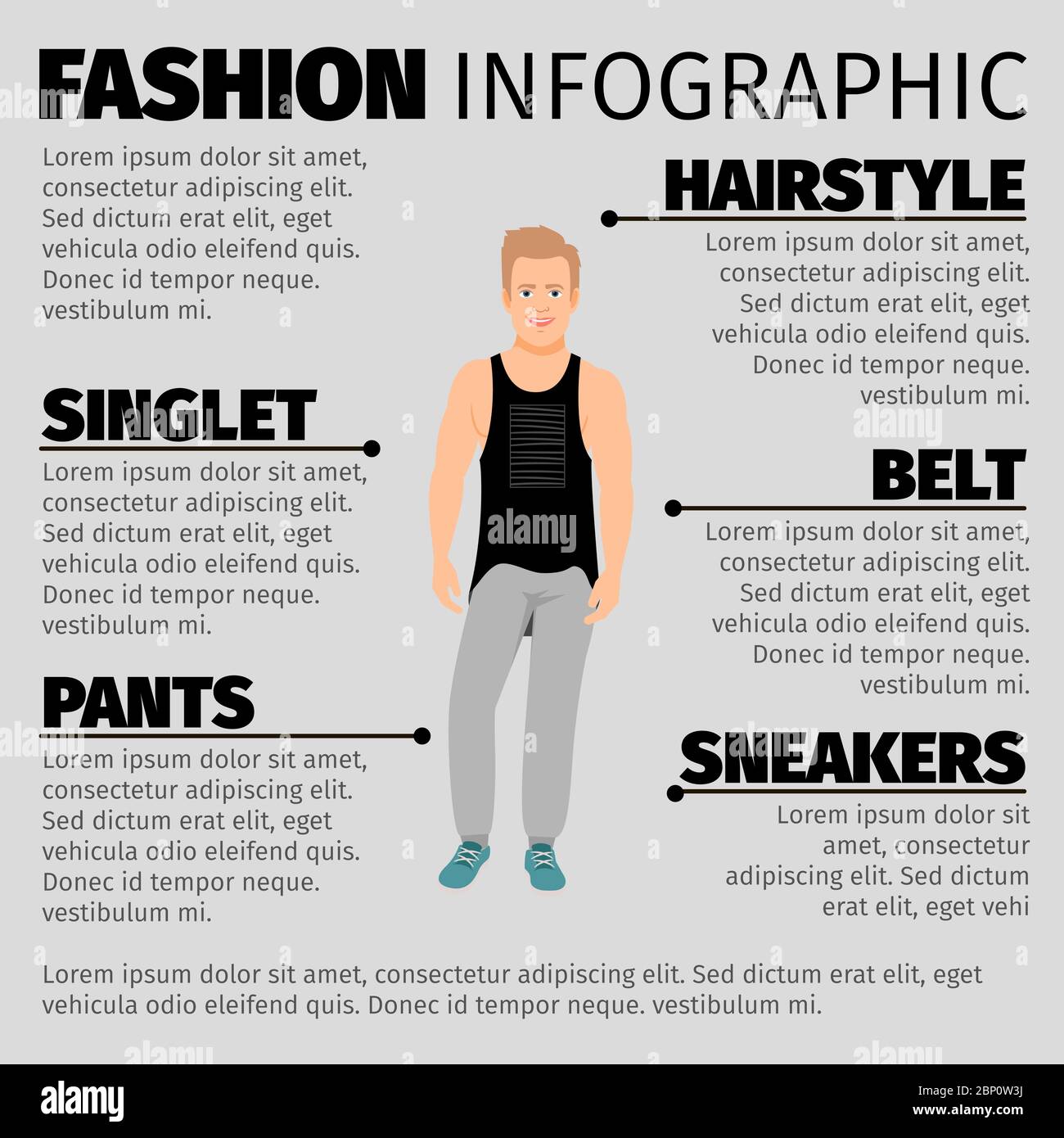 Infografica sulla moda con un ragazzo forte in una T-shirt. Illustrazione vettoriale Illustrazione Vettoriale