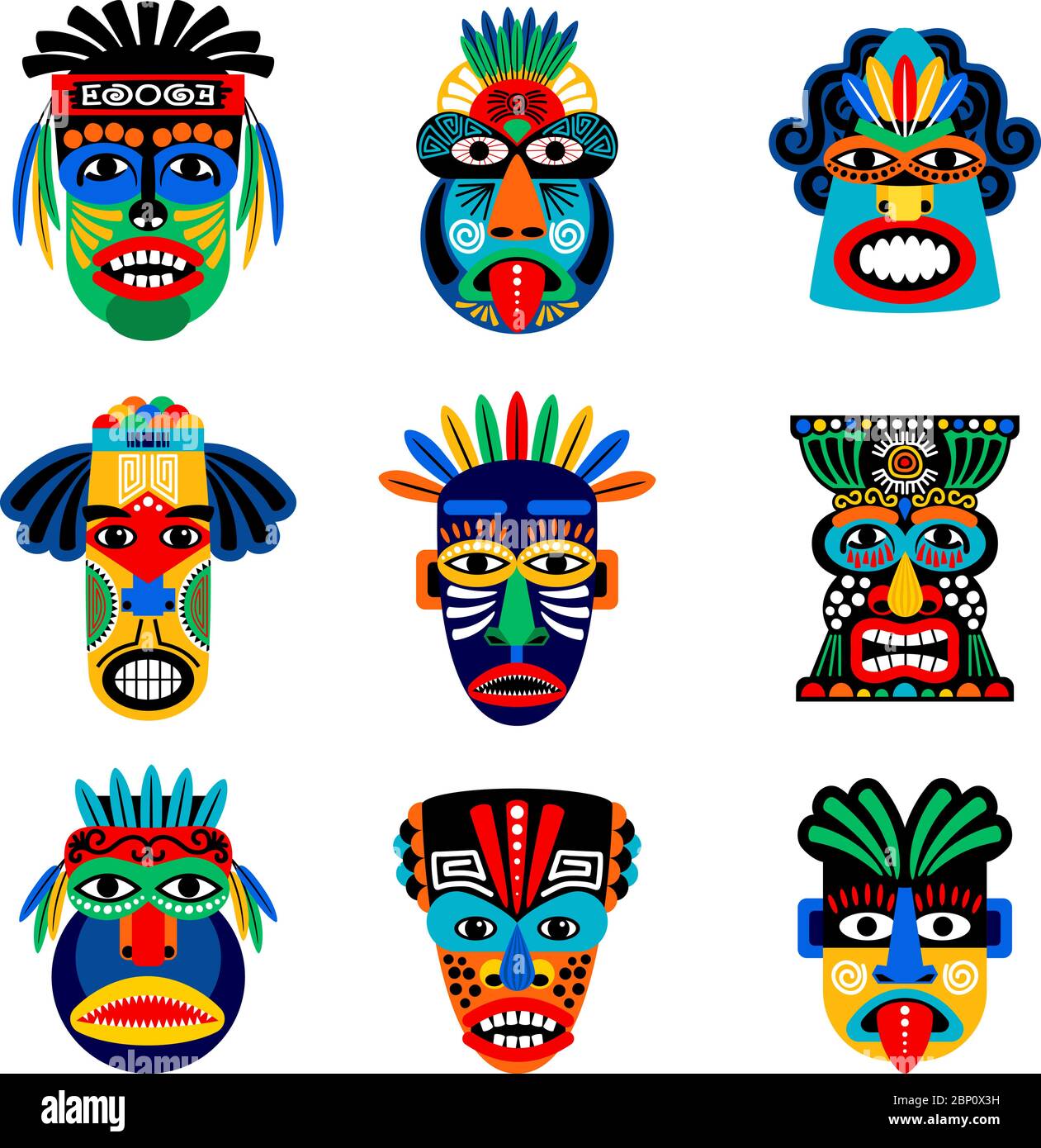 Icone vettoriali di maschere Zulu o aztec. Maschere messicane indiane guerrieri isolate su sfondo bianco Illustrazione Vettoriale