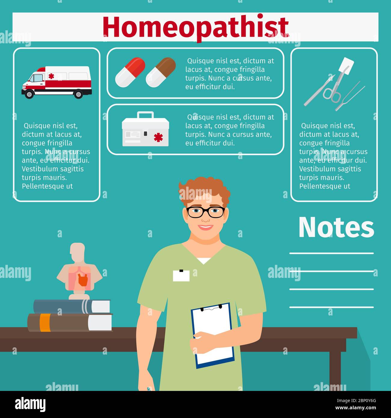 Icone di attrezzature omeopatiche e mediche con elementi infografici per l'industria medica e farmaceutica. Illustrazione vettoriale Illustrazione Vettoriale