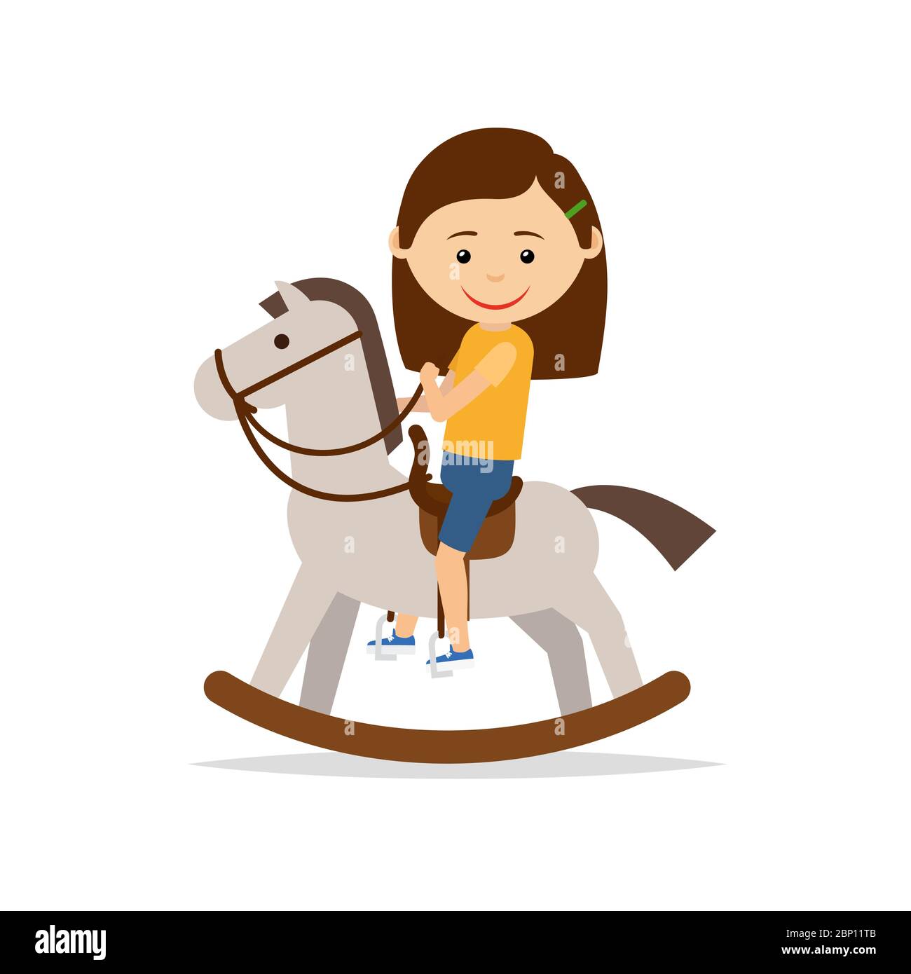 La bambina sta cavalcando un cavallo giocattolo, isolato su sfondo bianco. Illustrazione vettoriale Illustrazione Vettoriale