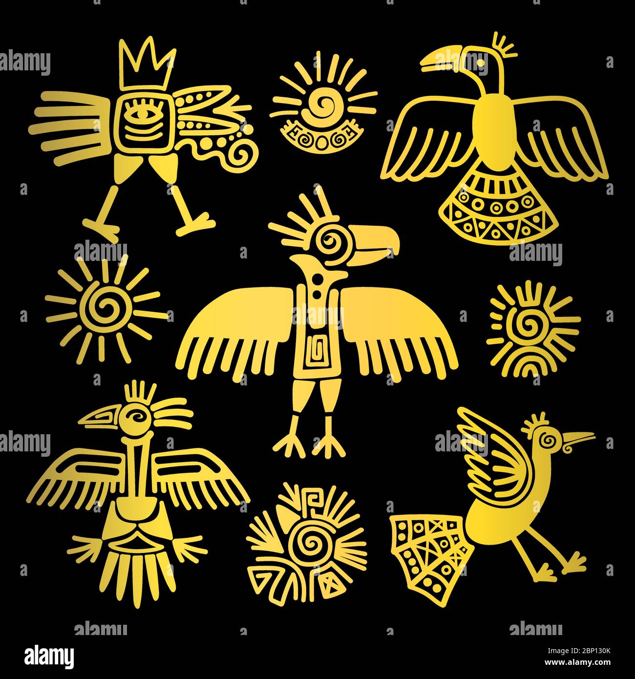 Primitive tribali Golden uccelli dipinti su nero, illustrazione vettoriale Illustrazione Vettoriale