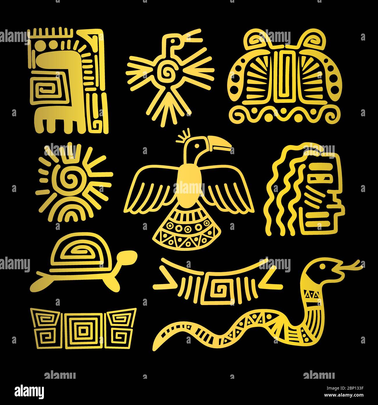 Simboli dorati indiani tribali su sfondo nero illustrazione vettoriale Illustrazione Vettoriale