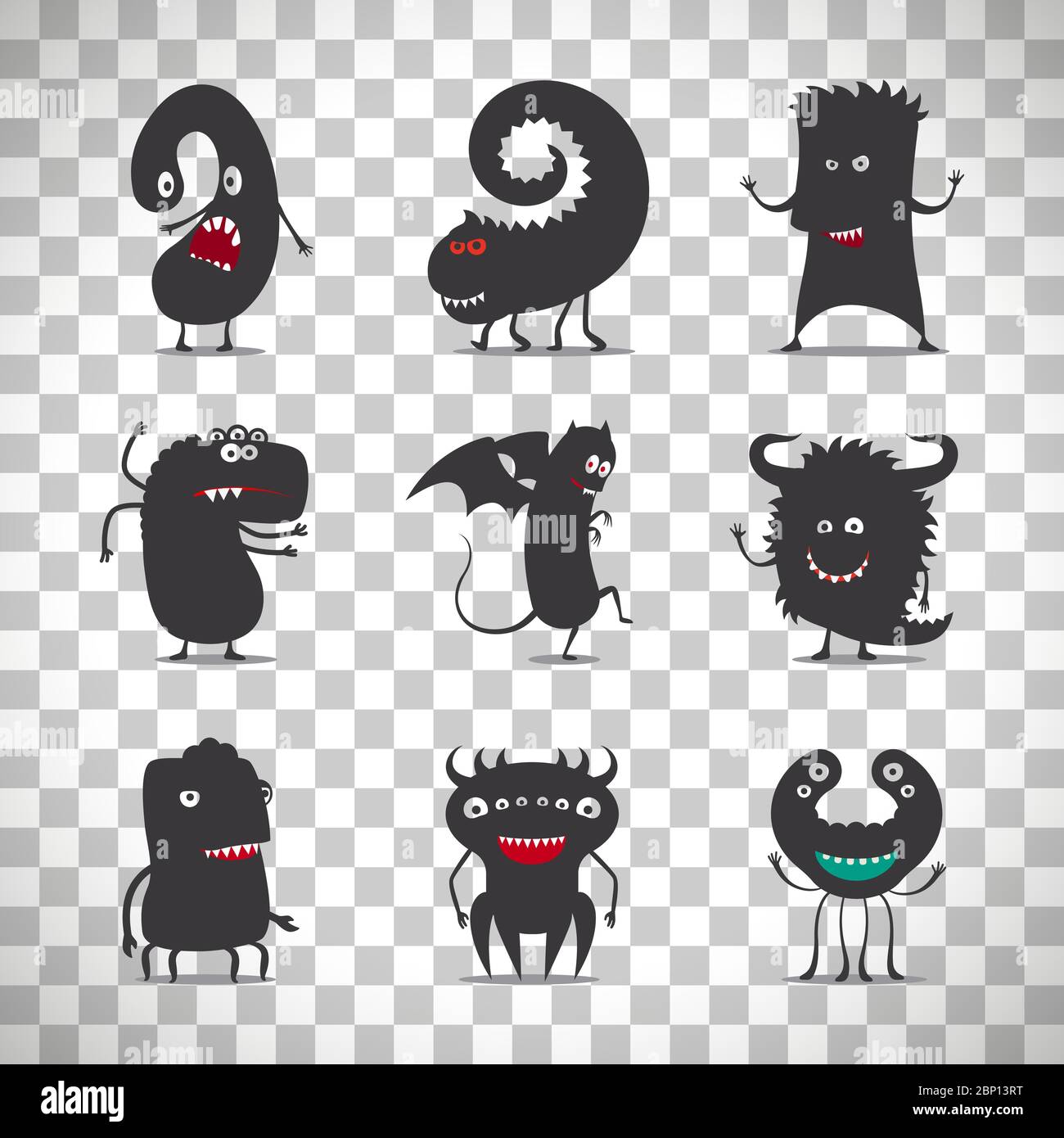 Simpatico mostro nero illustrazione vettoriale insieme isolato su sfondo trasparente Illustrazione Vettoriale