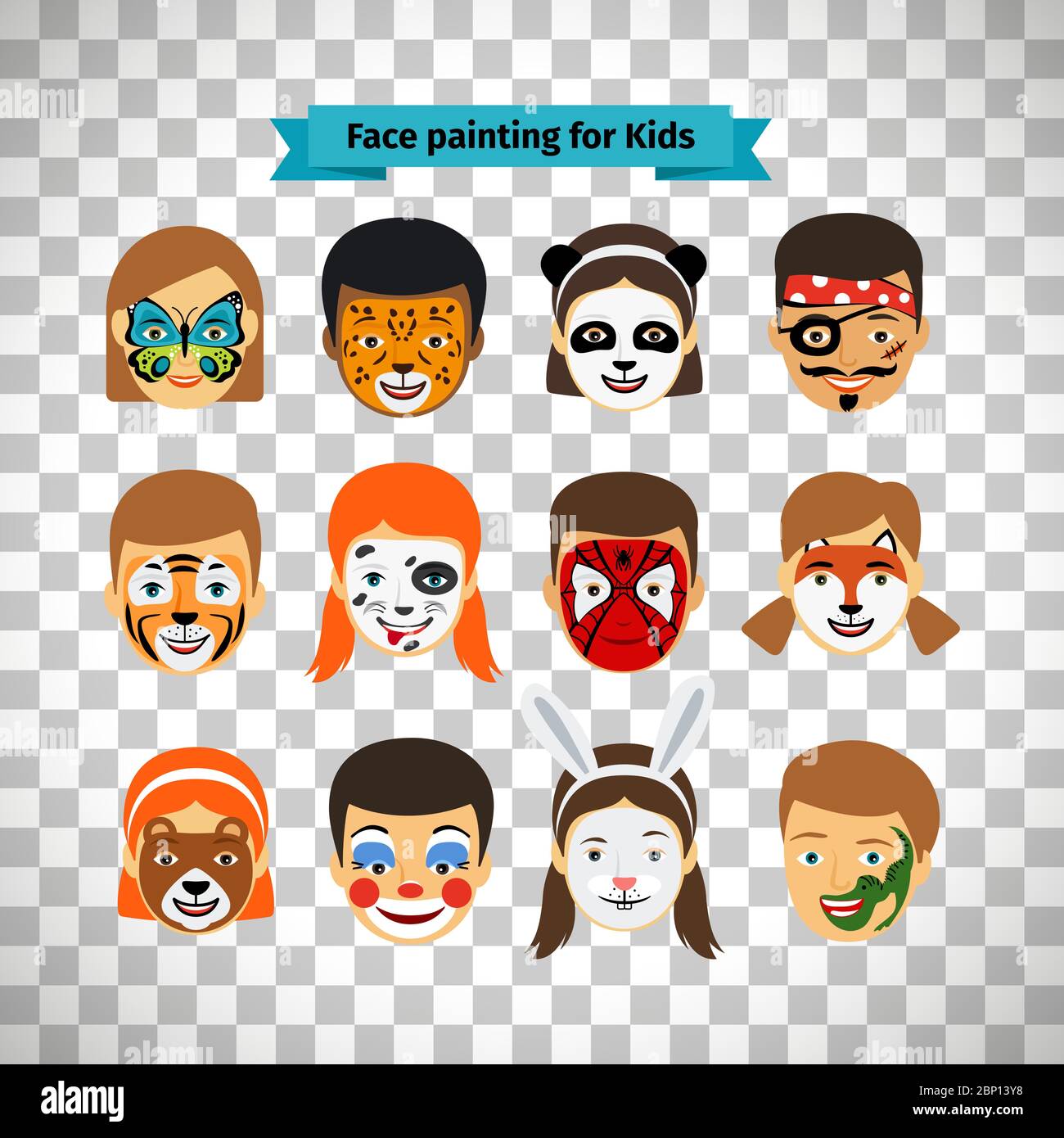 Pittura del viso, facce dei bambini con pittura isolata su sfondo trasparente Illustrazione Vettoriale