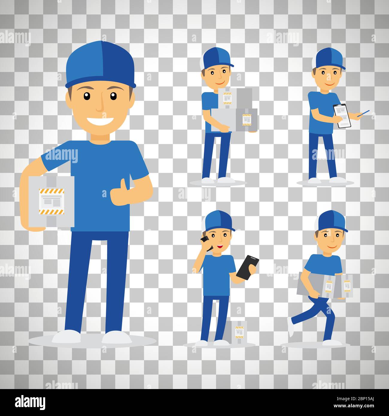 Uomo di consegna in scatole e documenti uniformi blu in diverse pose isolati su sfondo trasparente. Illustrazione vettoriale Illustrazione Vettoriale